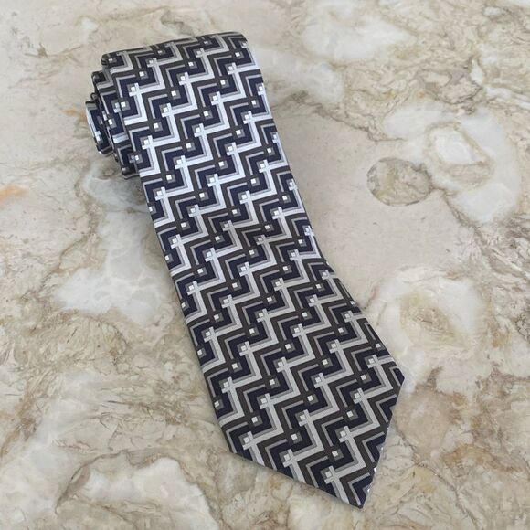 Hermes 100% Silk Geometric Pattern Blue/Grey/Brown - Picture 4 of 9